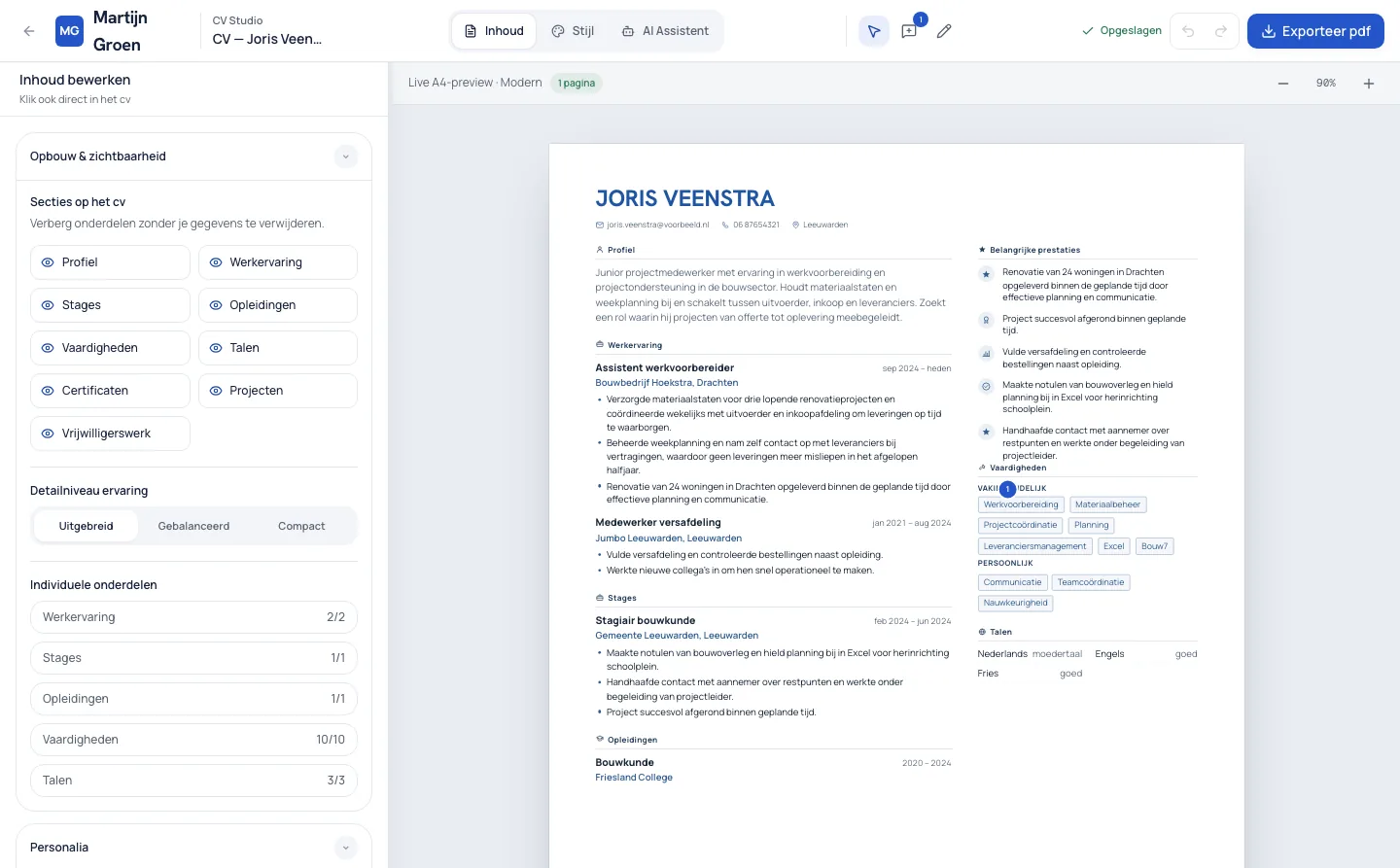 De CV Studio: links de inhoud per sectie, rechts de live A4-preview van een voorbeeld-cv dat wordt aangepast