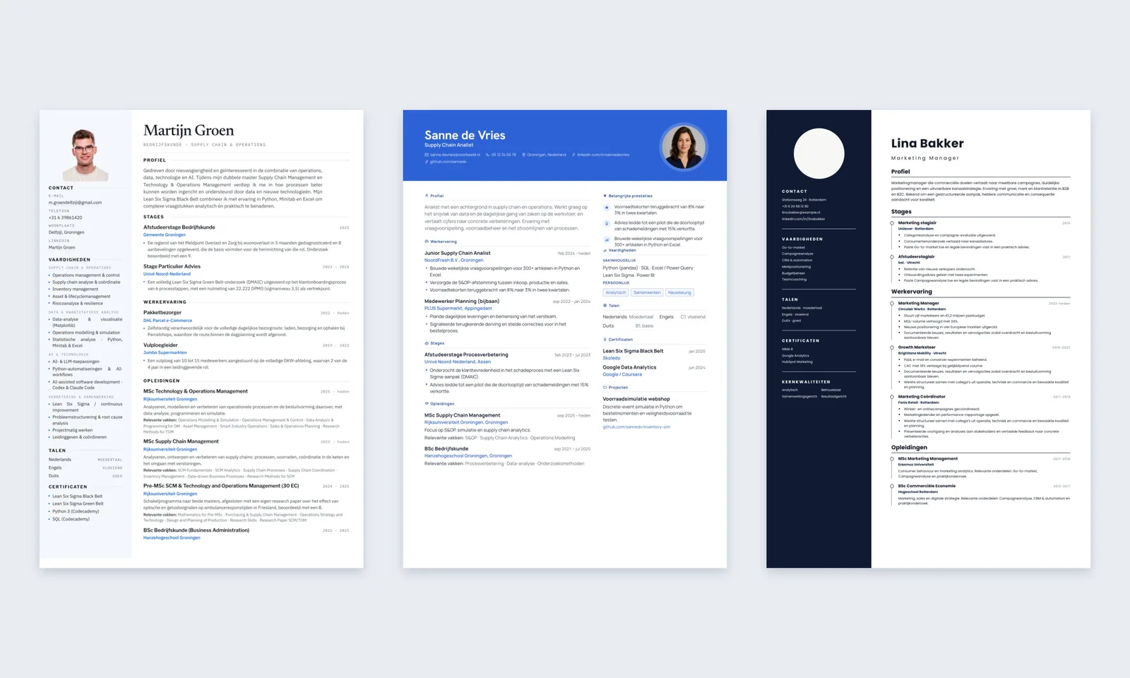 Drie cv-templates naast elkaar: Signatuur, Creatief en Marine